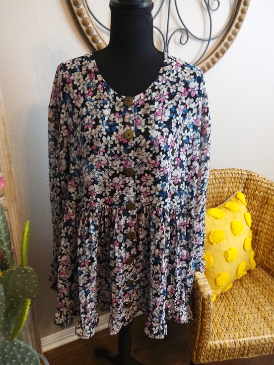 Terra & Sky Tops - Terra & Sky Black Floral Button-Front Top with Pink & White Blossoms